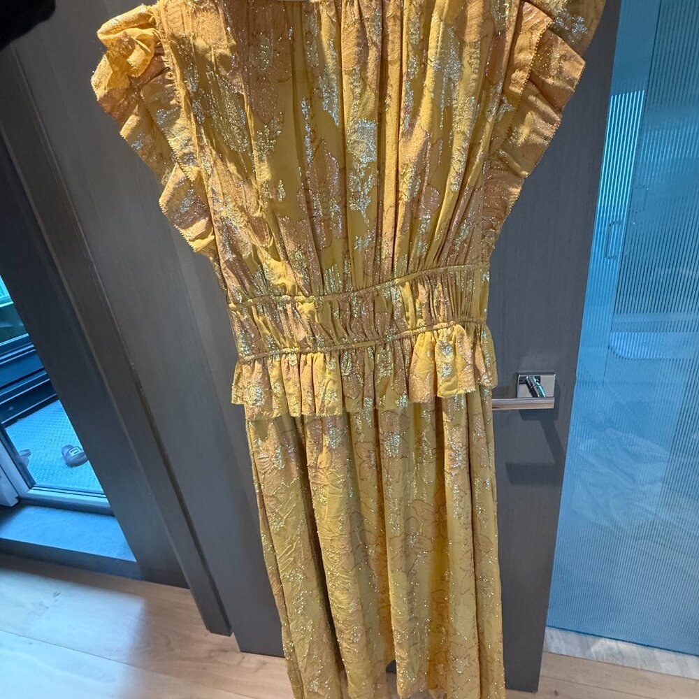 Ulla Johnson Metallic Yellow/Gold Floral V neck Flowy Maxi Dress - Picture 2 of 3